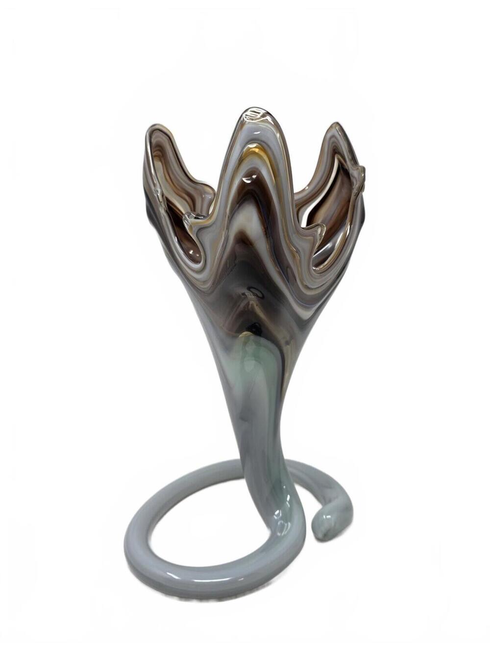 Vintage Hand Blown Art Glass Vase Trumpet Shape Swirl Brown Gray 10.75" - Picture 3 of 7